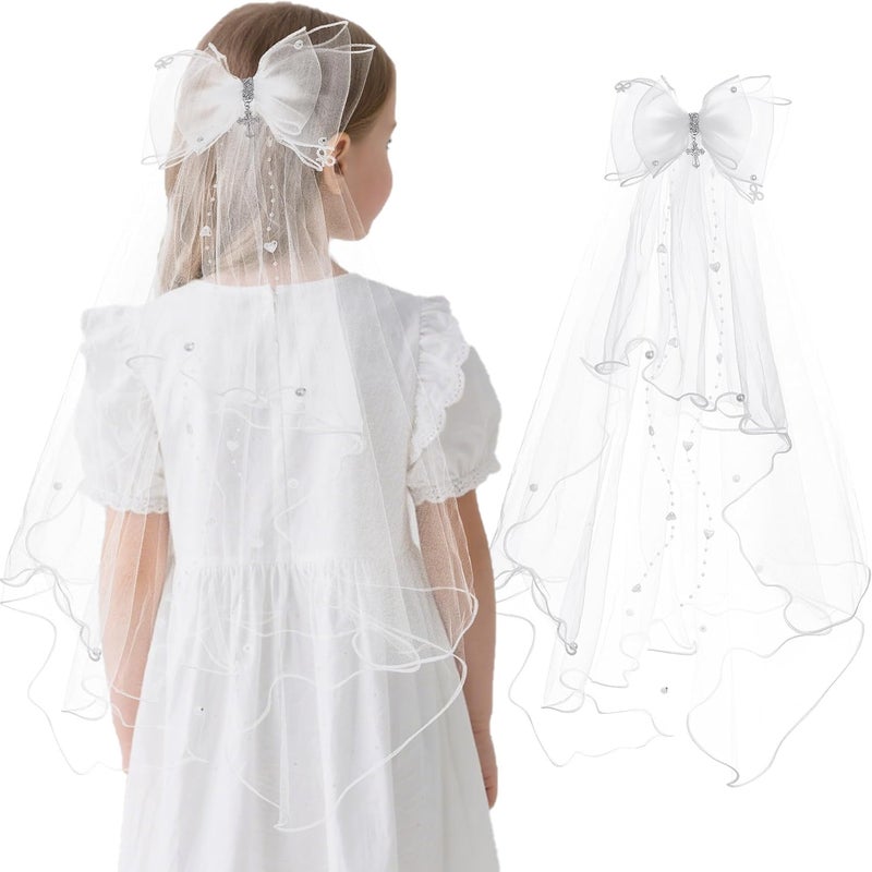 VULETO First Communion Veil Gifts for Girls Catholic White Bow Veil and Headpiece Accessories Set 1st Communion Easter Dress - Image 1